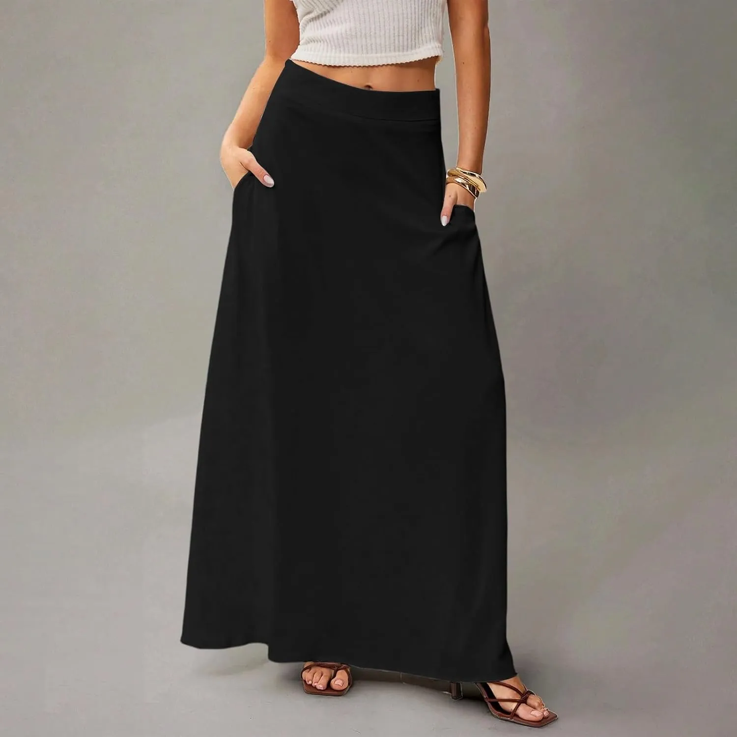 Midi Skirts for Women High Waisted Pleated A-Line Summer Swing Long Work Office with Pockets