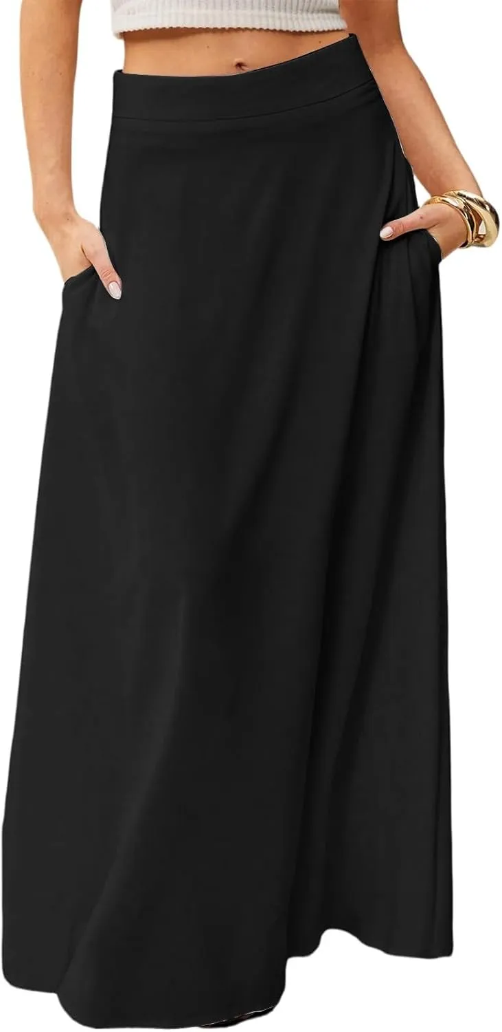Midi Skirts for Women High Waisted Pleated A-Line Summer Swing Long Work Office with Pockets