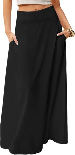 Midi Skirts for Women High Waisted Pleated A-Line Summer Swing Long Work Office with Pockets
