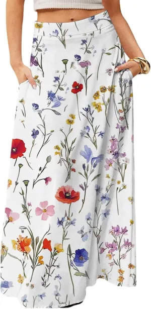 Midi Skirts for Women Summer High Waisted Pleated A-Line Swing Floral Long with Pockets