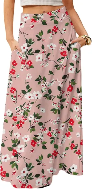 Midi Skirts for Women Summer High Waisted Pleated A-Line Swing Floral Long with Pockets