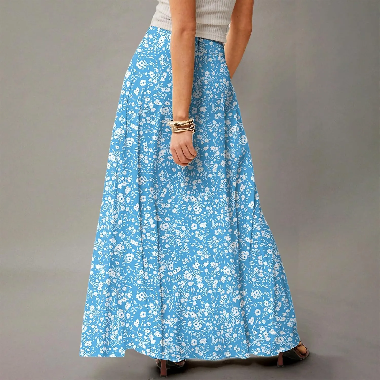 Midi Skirts for Women Summer High Waisted Pleated A-Line Swing Floral Long with Pockets
