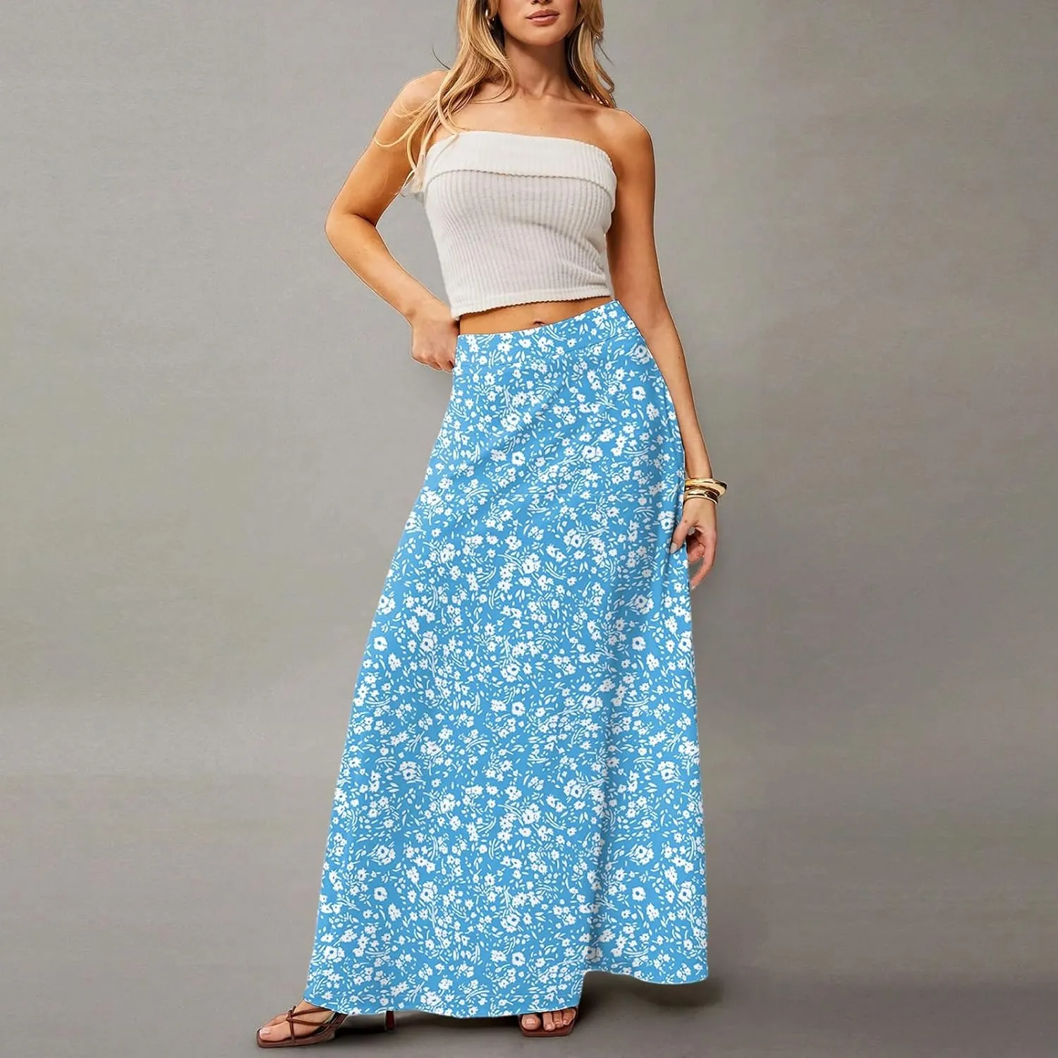 Midi Skirts for Women Summer High Waisted Pleated A-Line Swing Floral Long with Pockets