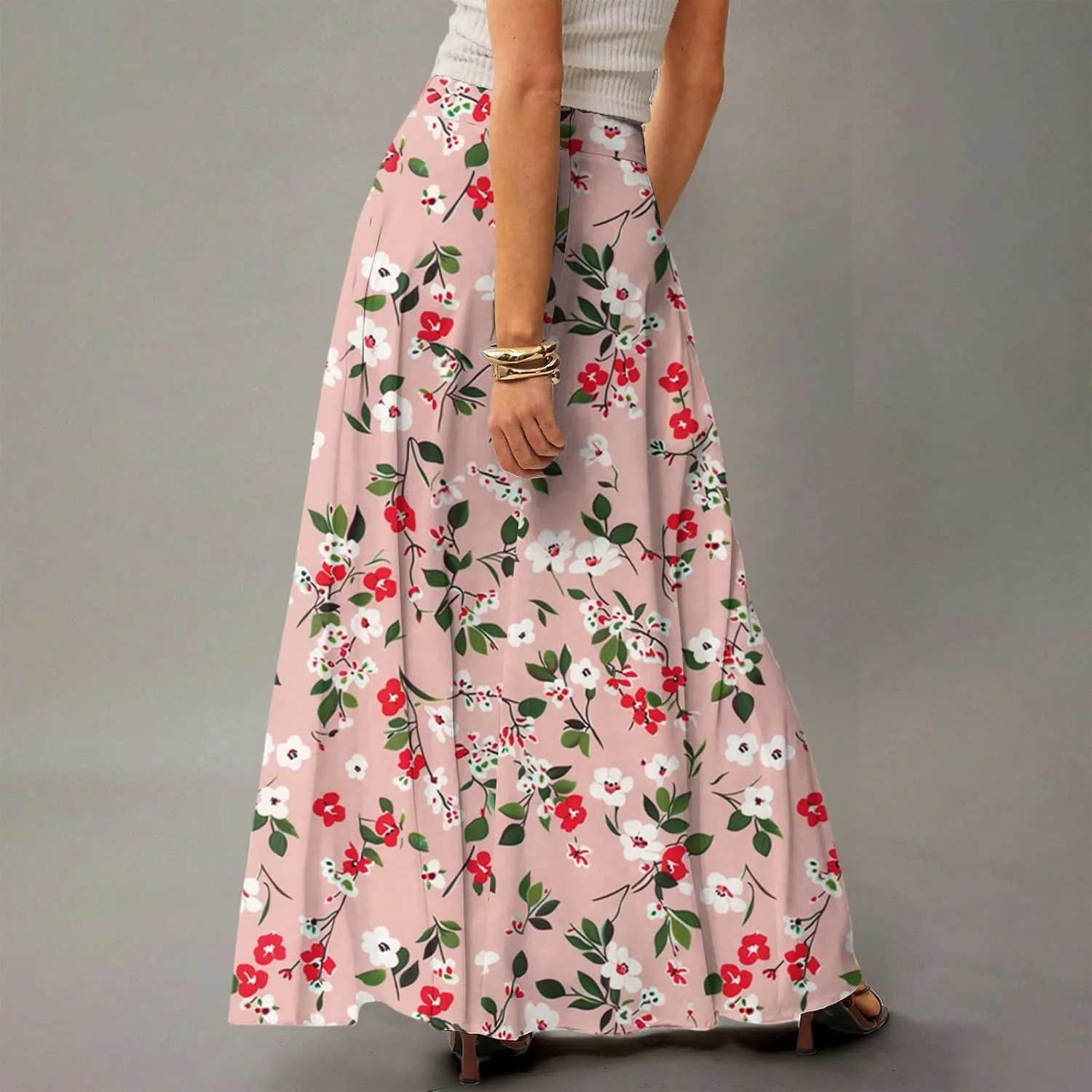 Midi Skirts for Women Summer High Waisted Pleated A-Line Swing Floral Long with Pockets