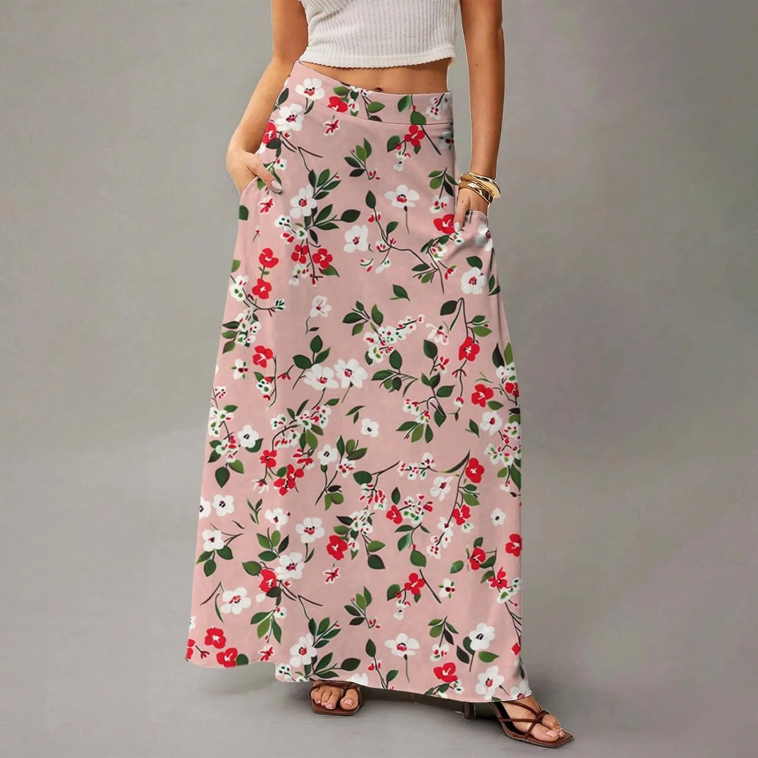 Midi Skirts for Women Summer High Waisted Pleated A-Line Swing Floral Long with Pockets