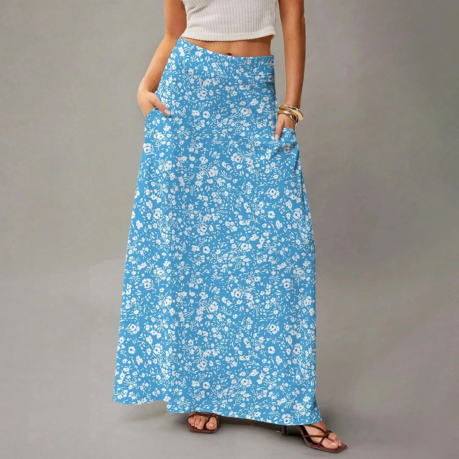 Midi Skirts for Women Summer High Waisted Pleated A-Line Swing Floral Long with Pockets