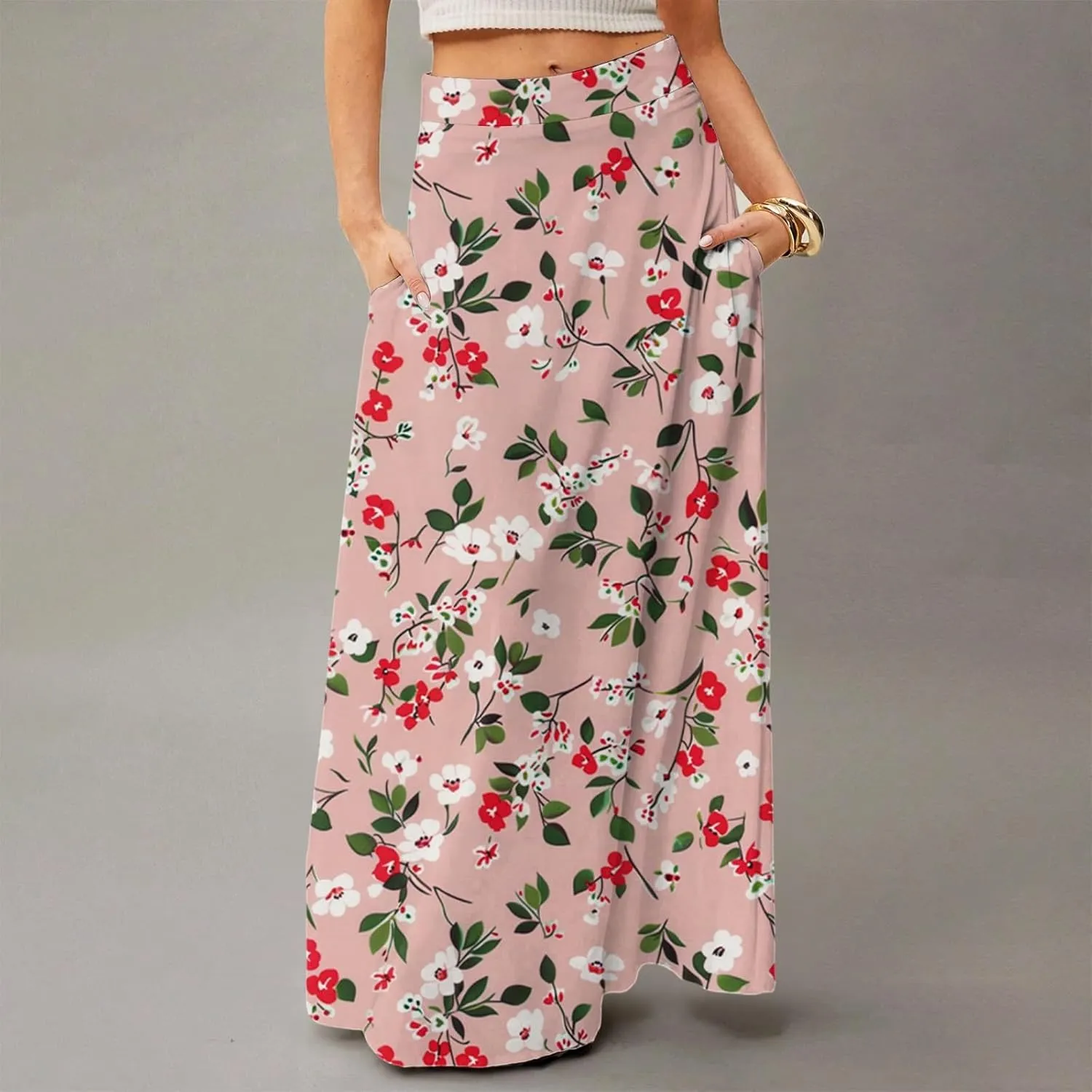 Midi Skirts for Women Summer High Waisted Pleated A-Line Swing Floral Long with Pockets