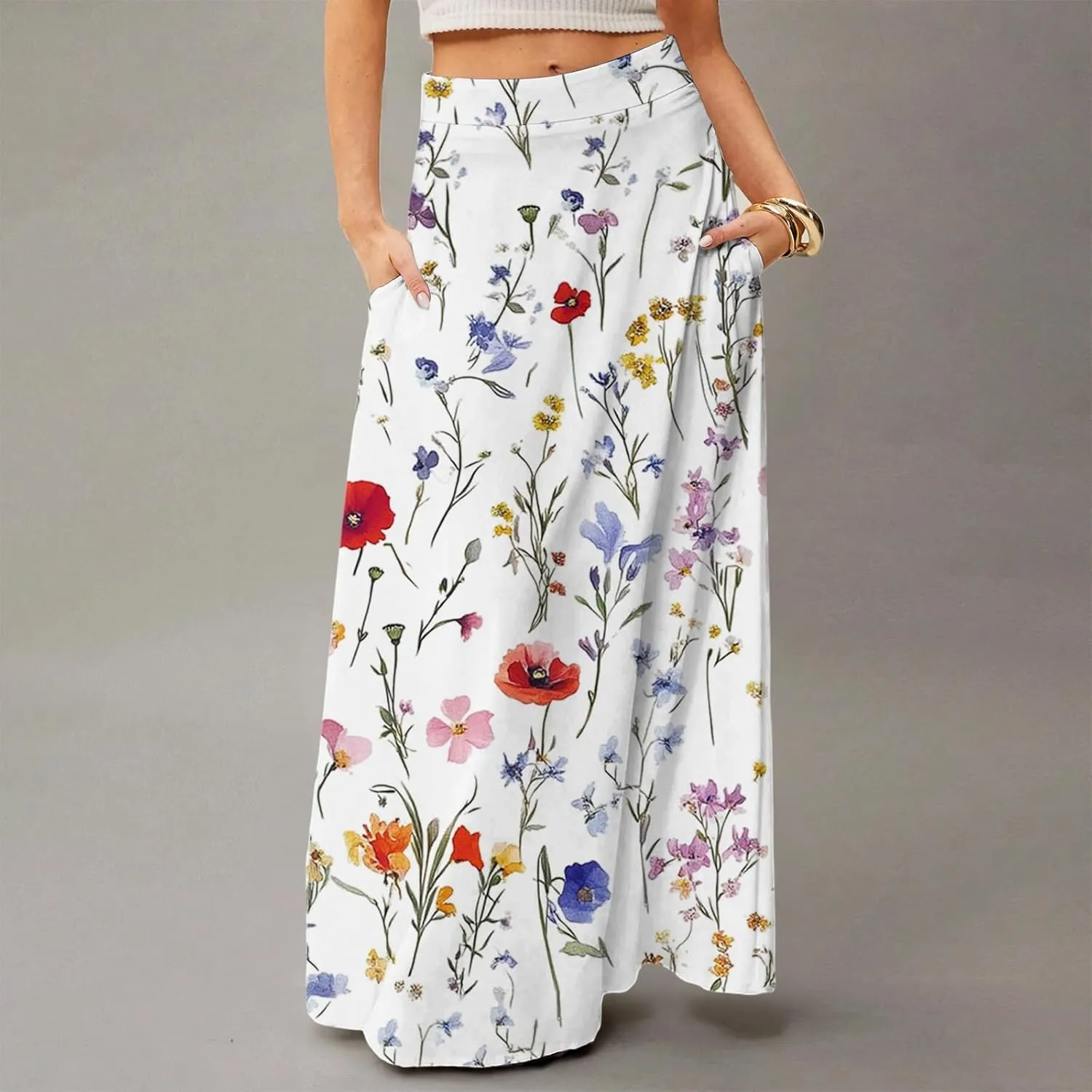 Midi Skirts for Women Summer High Waisted Pleated A-Line Swing Floral Long with Pockets