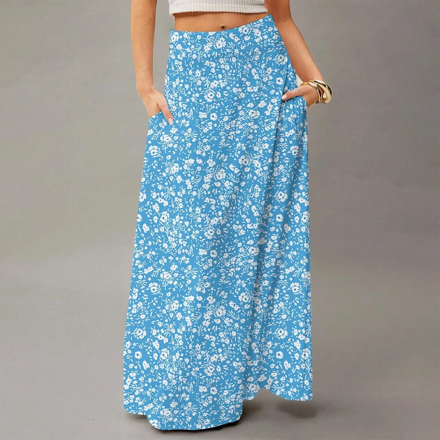 Midi Skirts for Women Summer High Waisted Pleated A-Line Swing Floral Long with Pockets