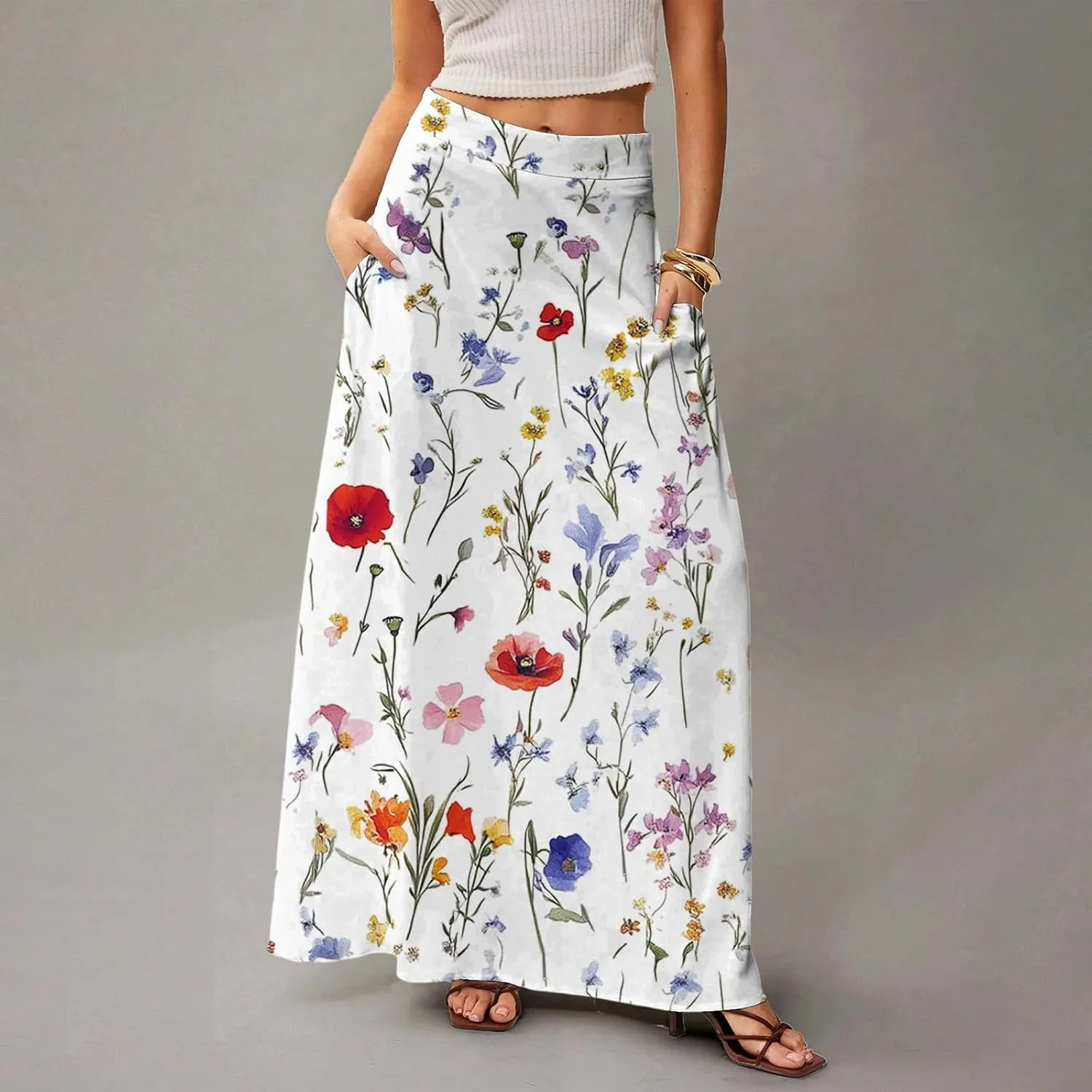 Midi Skirts for Women Summer High Waisted Pleated A-Line Swing Floral Long with Pockets