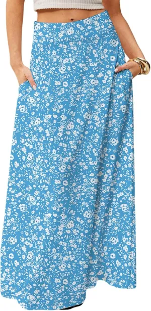 Midi Skirts for Women Summer High Waisted Pleated A-Line Swing Floral Long with Pockets
