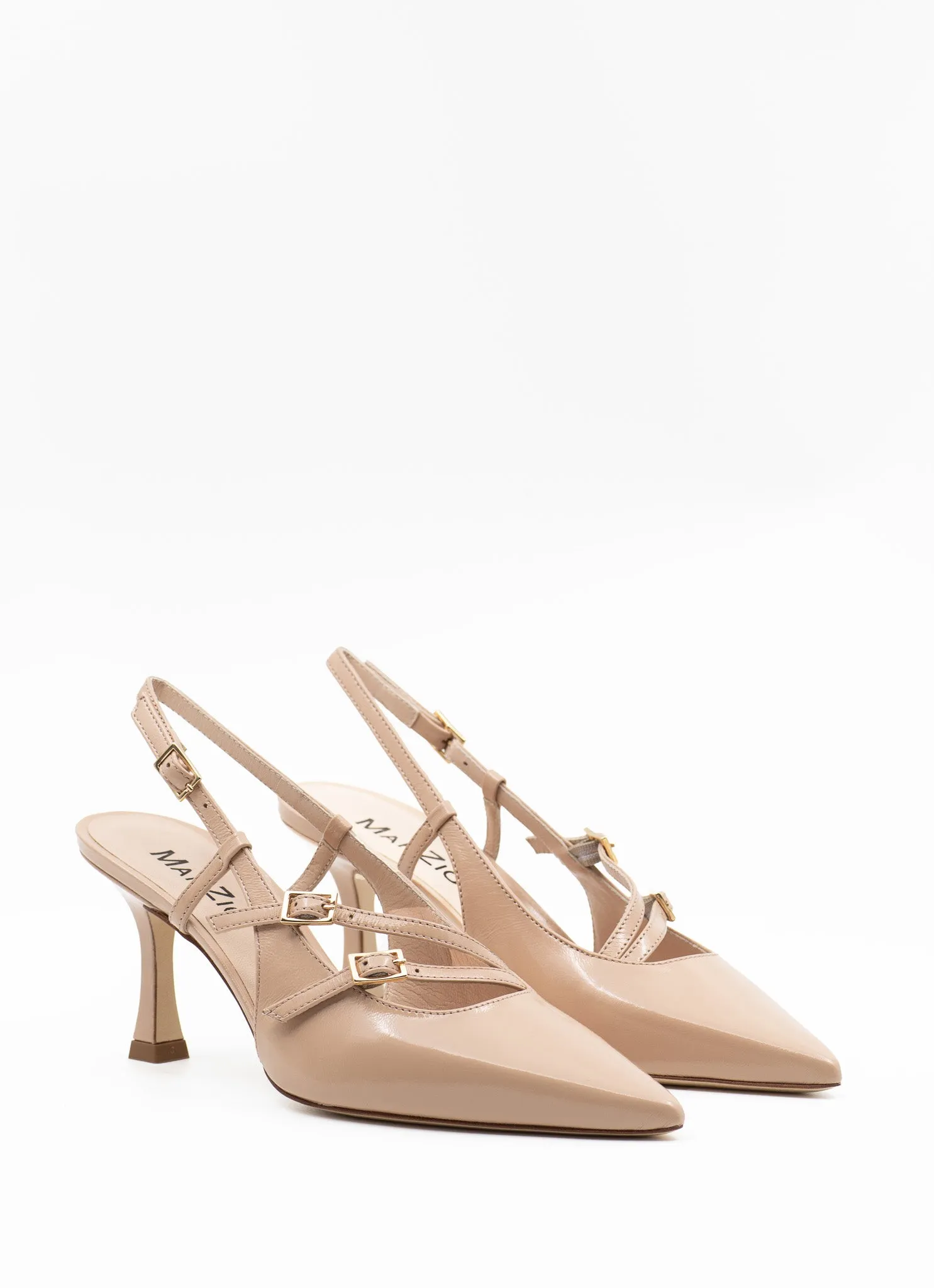Mini buckle slingback pumps in beige patent