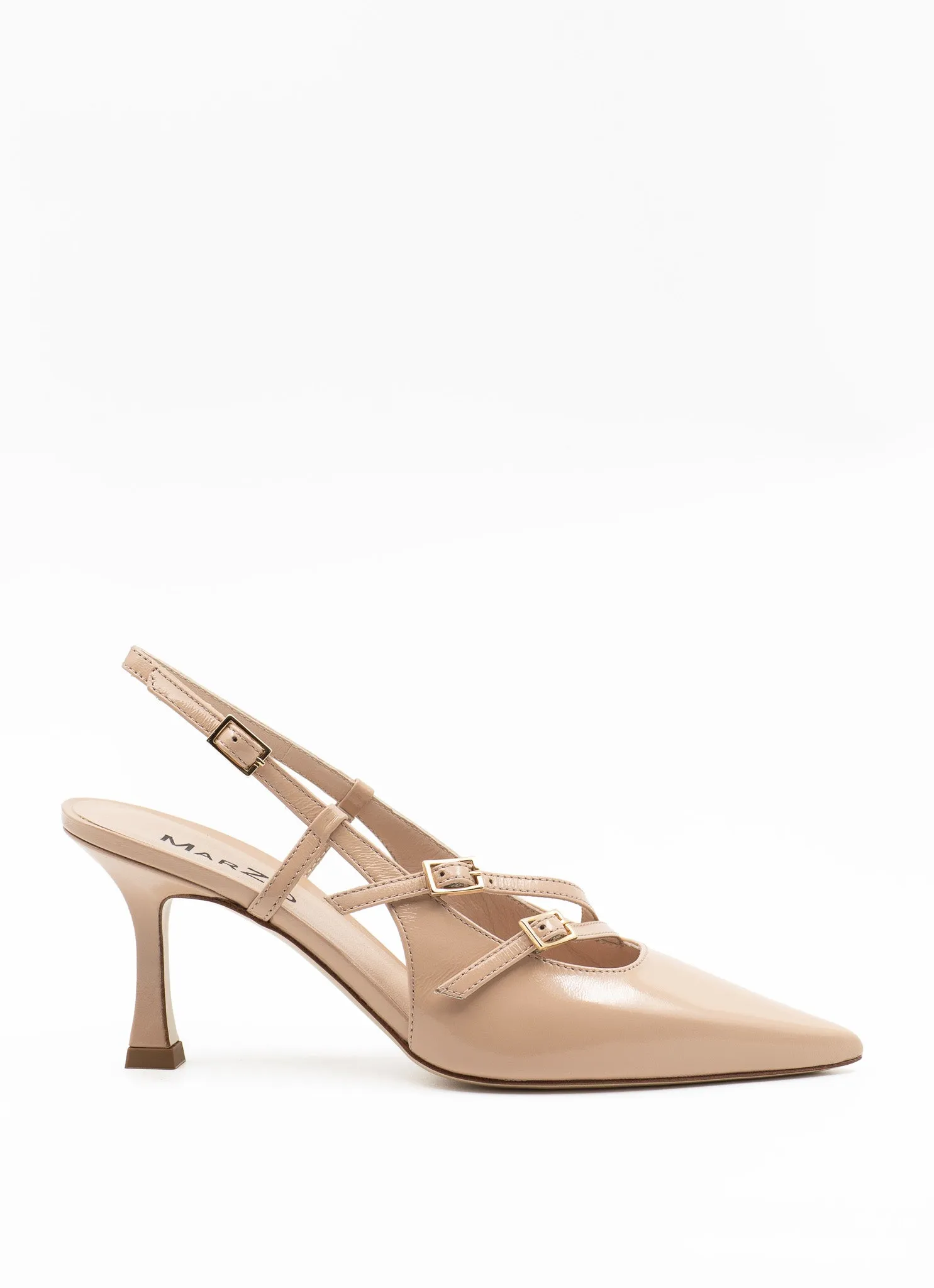 Mini buckle slingback pumps in beige patent