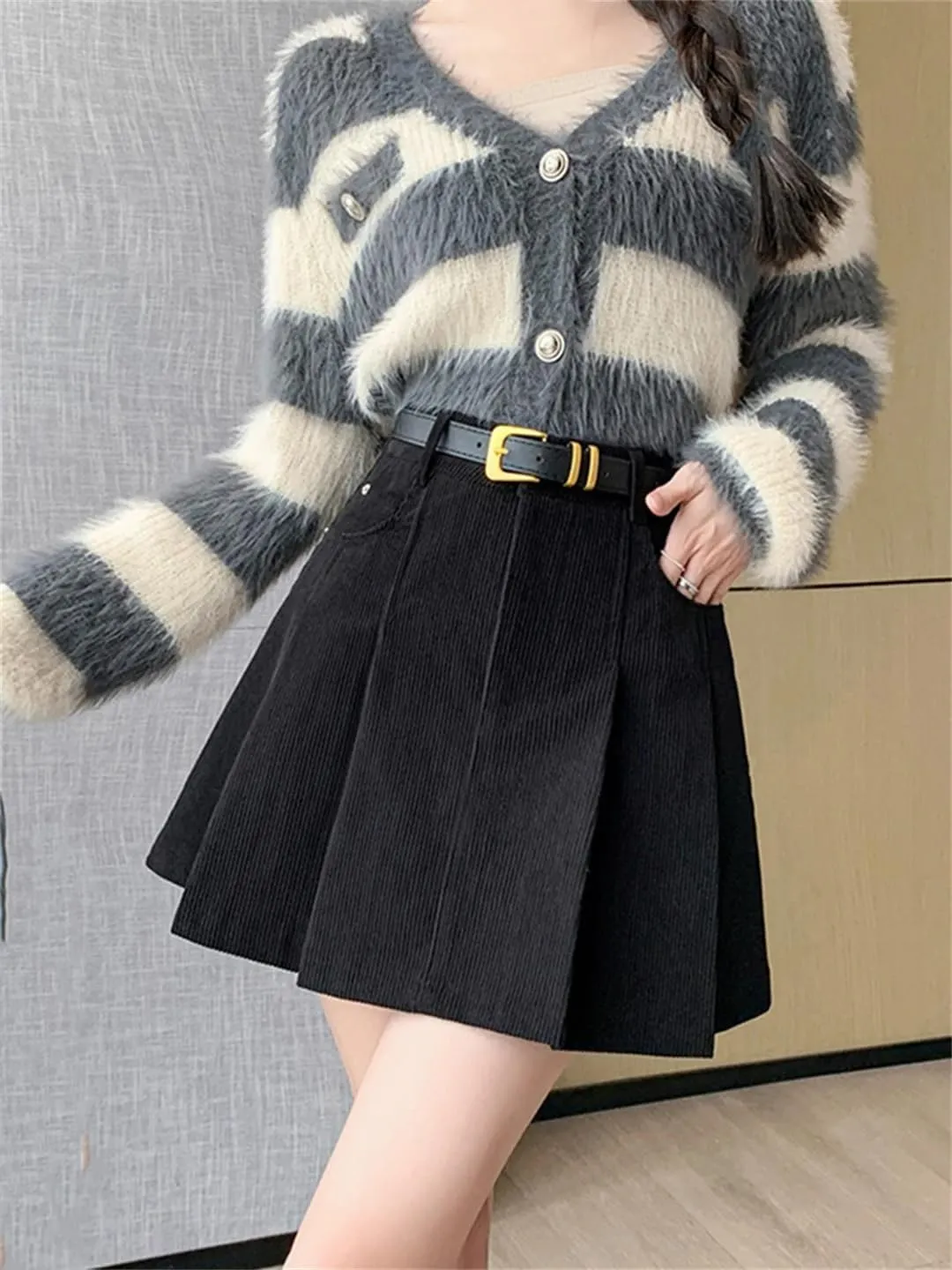 Mini Pleated Skirt Women Fashion Streetwear A-Line Skater Skirts with Belt