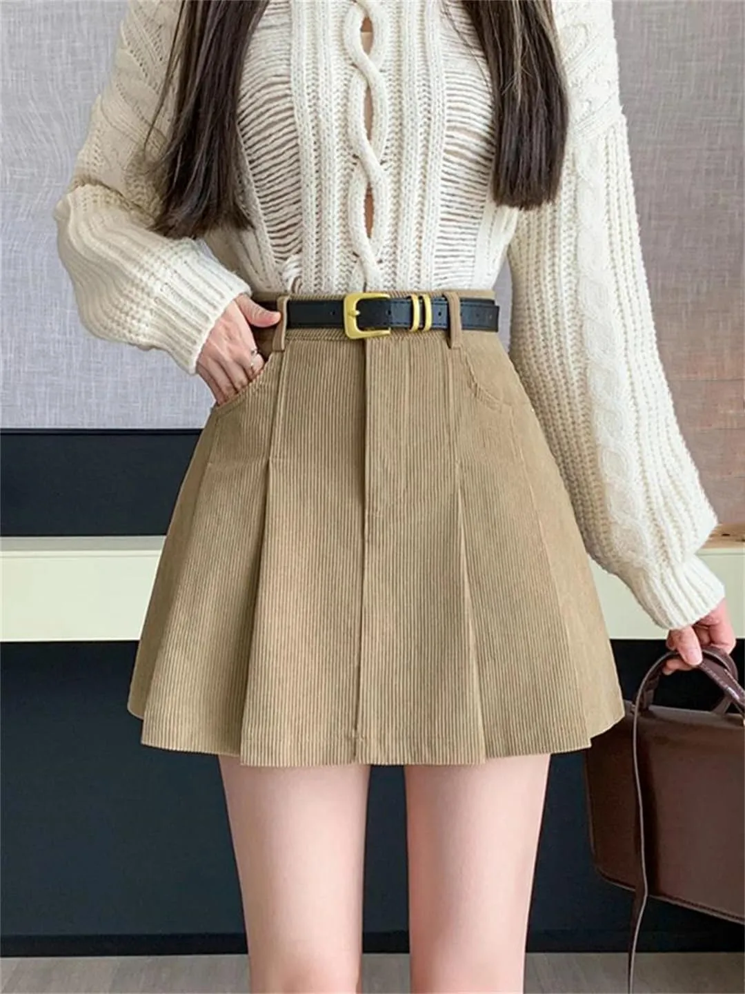 Mini Pleated Skirt Women Fashion Streetwear A-Line Skater Skirts with Belt