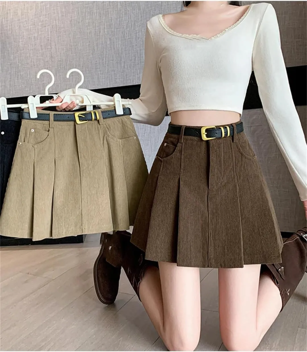 Mini Pleated Skirt Women Fashion Streetwear A-Line Skater Skirts with Belt