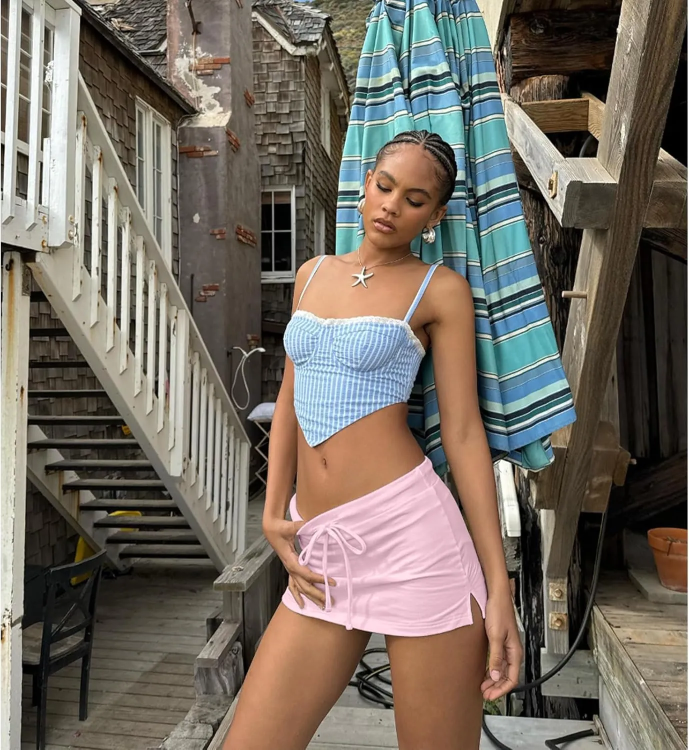 Mini Skorts for Women - Sexy Drawstring Mid Waist Side Split Y2K Bodycon Pencil Mini Skirt with Shorts
