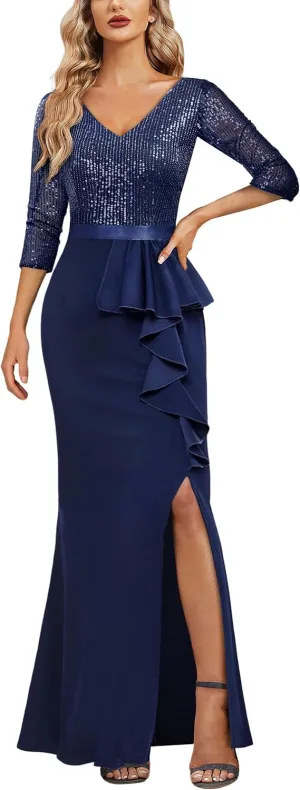 MISSMAY Women's Elegant Sequin V-Neck Evening Party Mermaid Long Dress