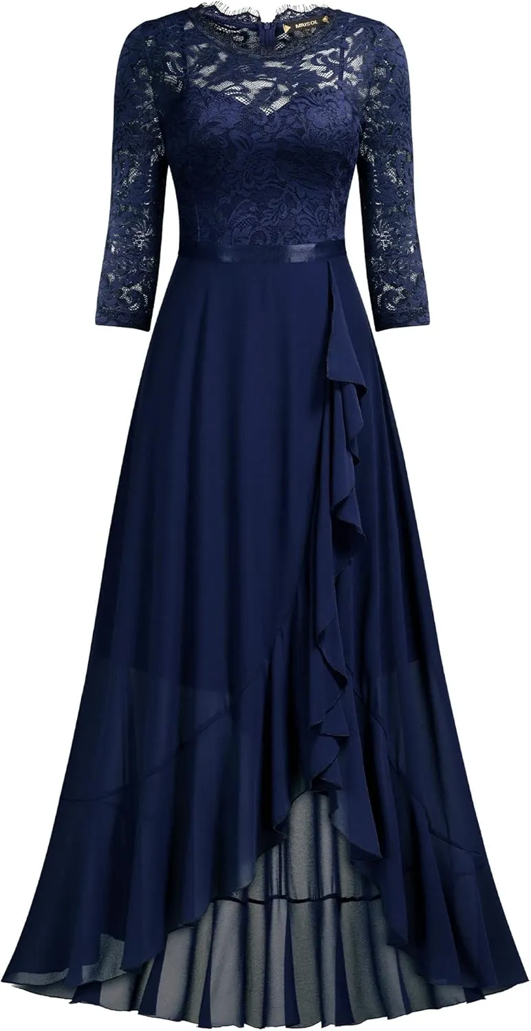 Miusol Women's Elegant Floral Lace Ruffle Bridesmaid Maxi Dress