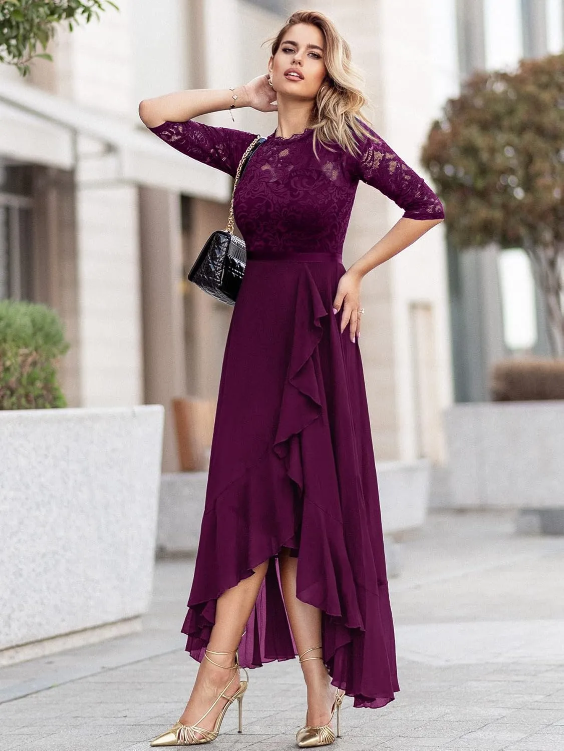 Miusol Women's Elegant Floral Lace Ruffle Bridesmaid Maxi Dress