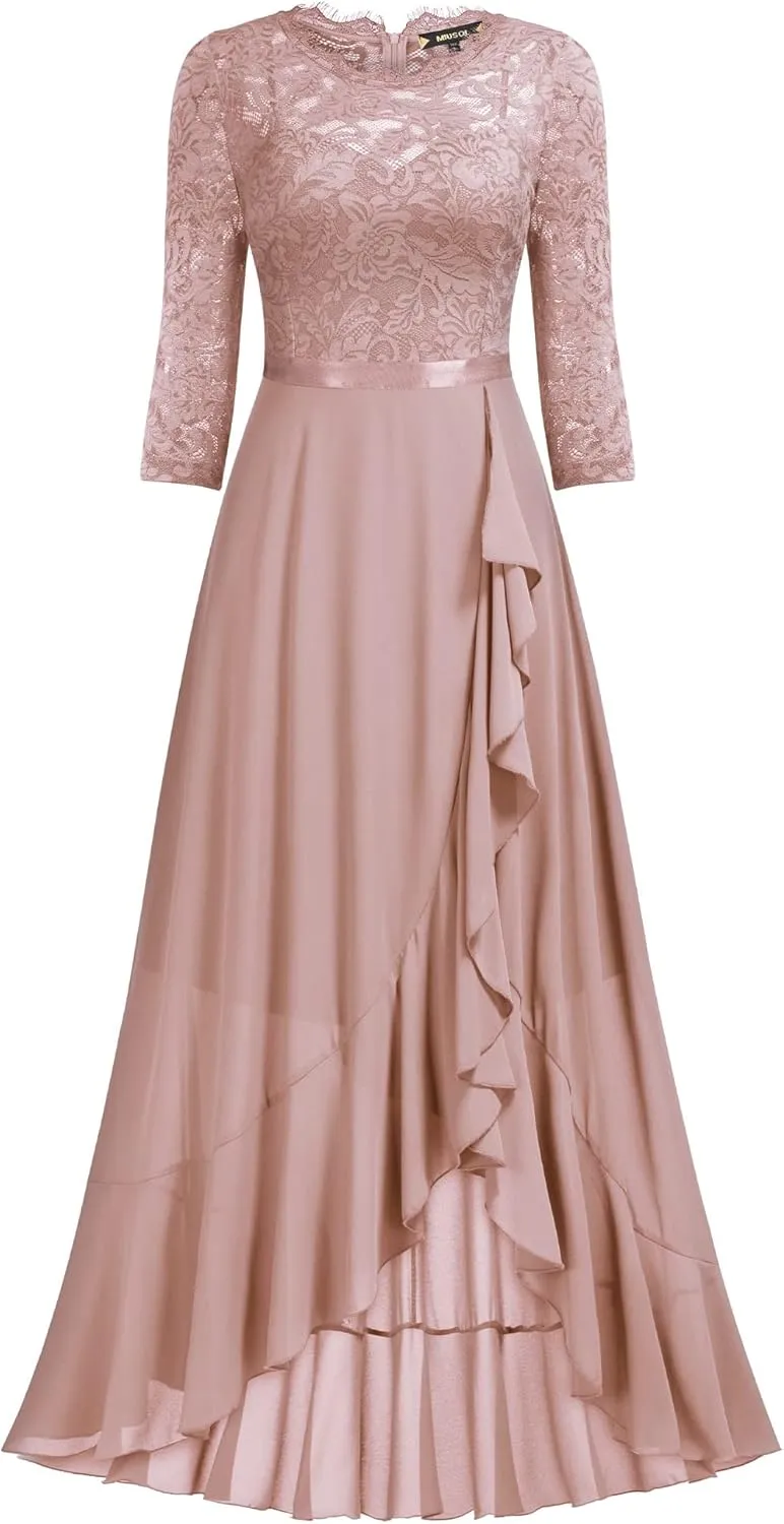Miusol Women's Elegant Floral Lace Ruffle Bridesmaid Maxi Dress