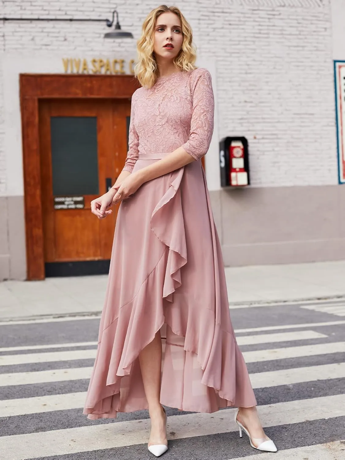 Miusol Women's Elegant Floral Lace Ruffle Bridesmaid Maxi Dress