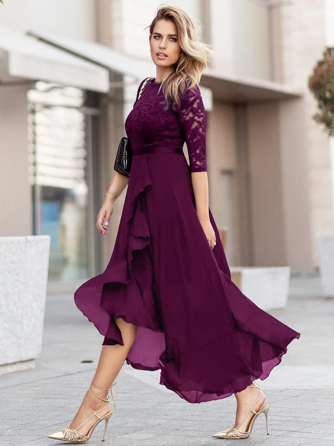 Miusol Women's Elegant Floral Lace Ruffle Bridesmaid Maxi Dress