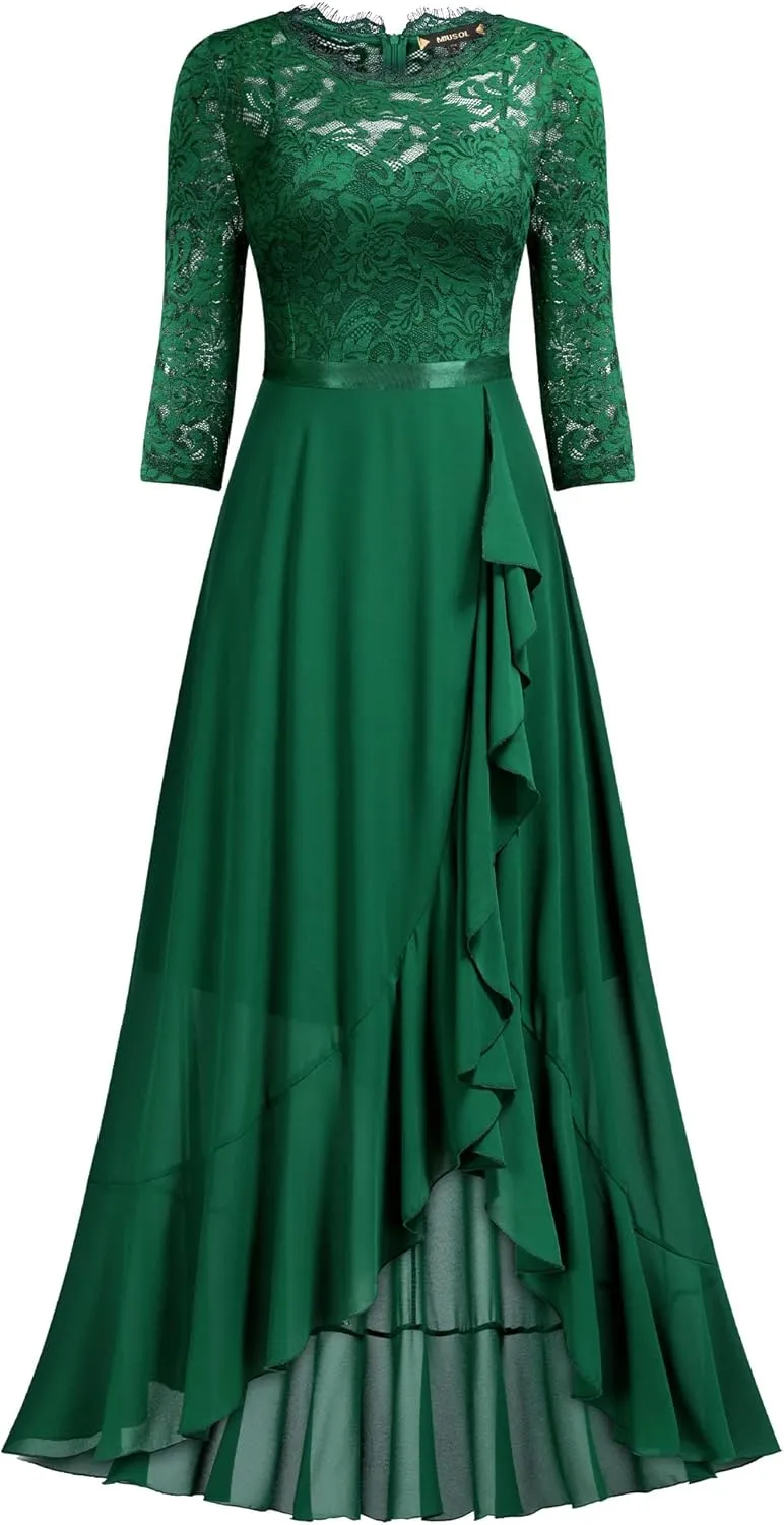 Miusol Women's Elegant Floral Lace Ruffle Bridesmaid Maxi Dress