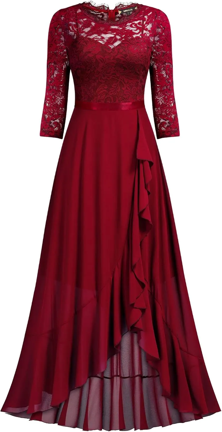 Miusol Women's Elegant Floral Lace Ruffle Bridesmaid Maxi Dress