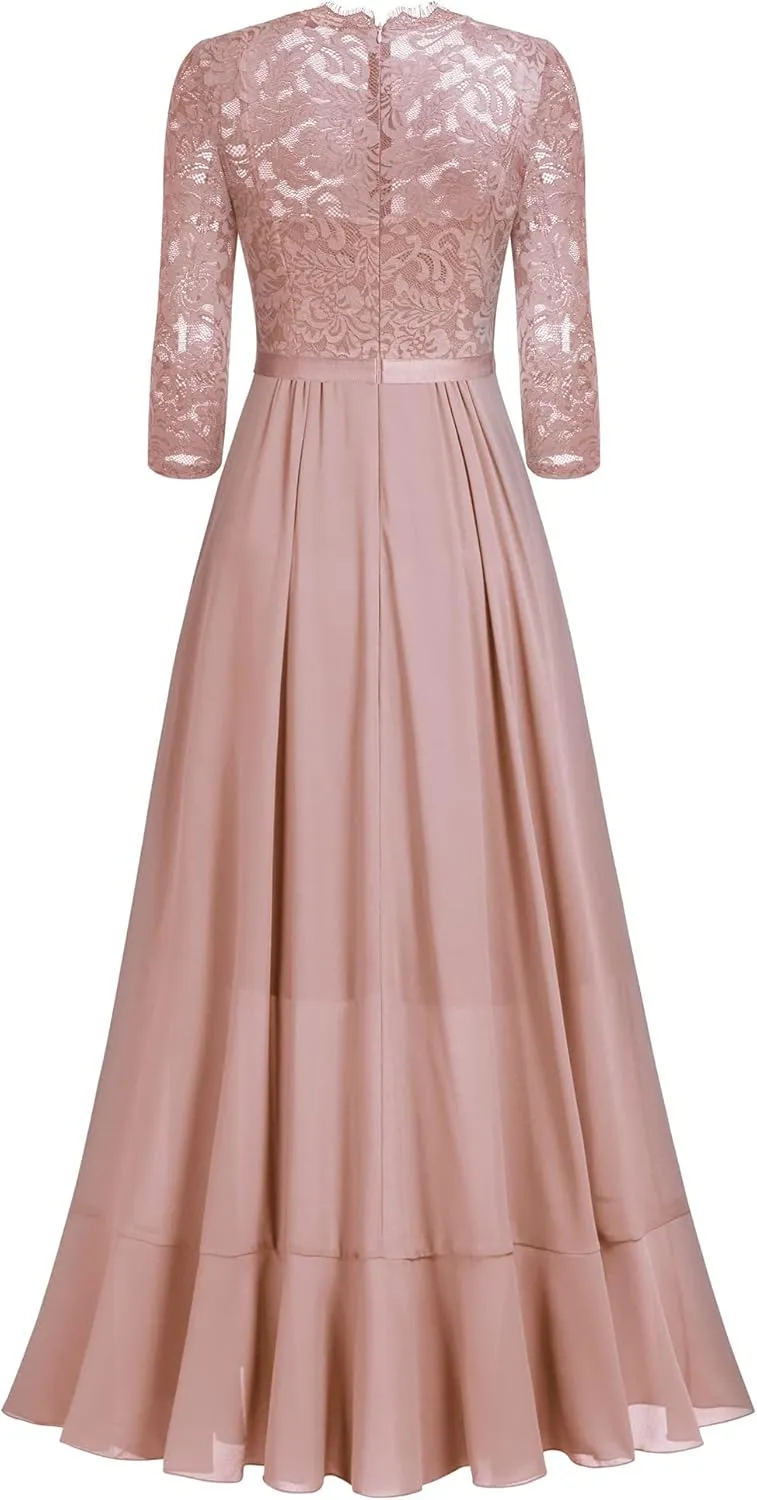 Miusol Women's Elegant Floral Lace Ruffle Bridesmaid Maxi Dress