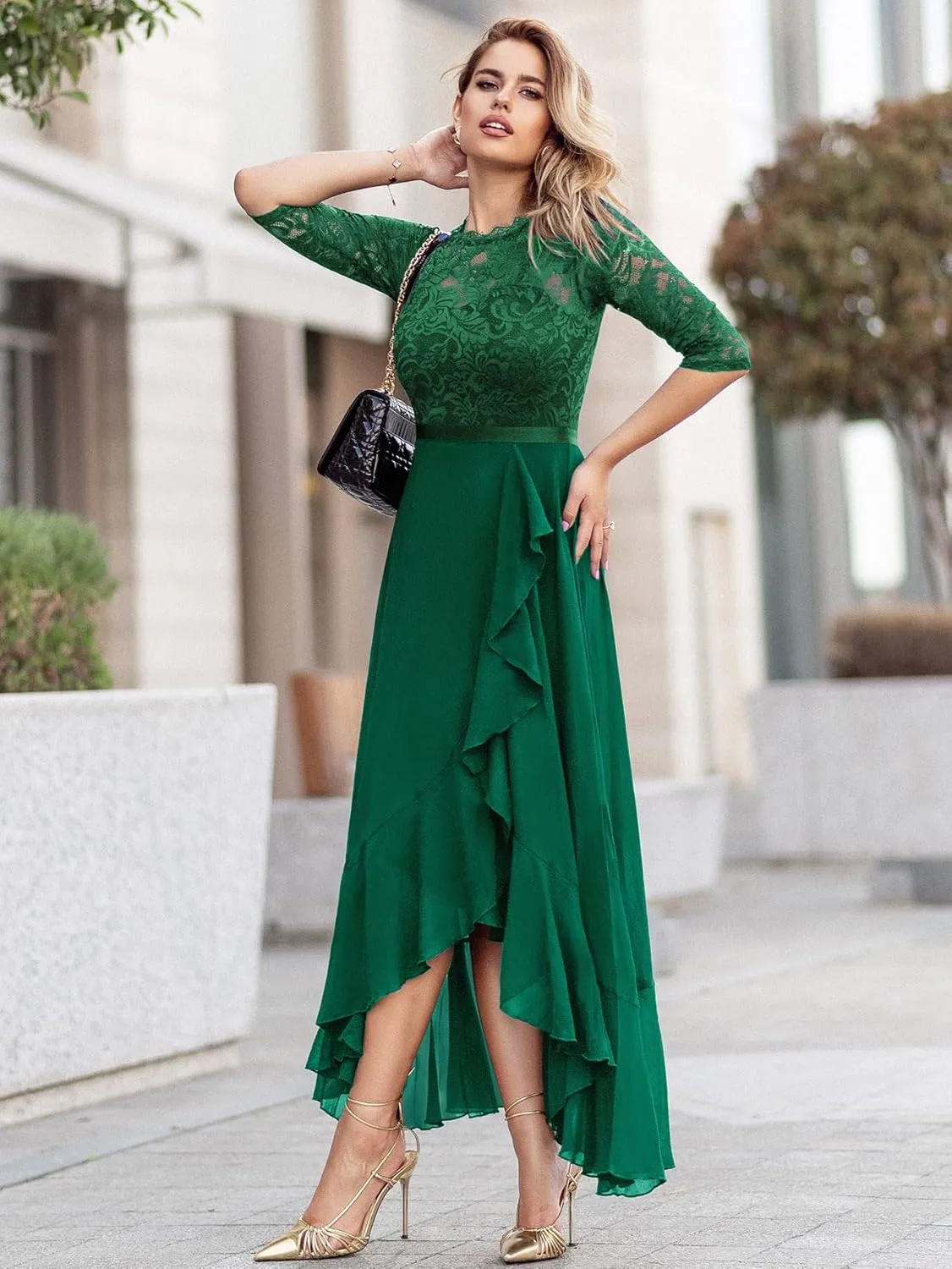 Miusol Women's Elegant Floral Lace Ruffle Bridesmaid Maxi Dress