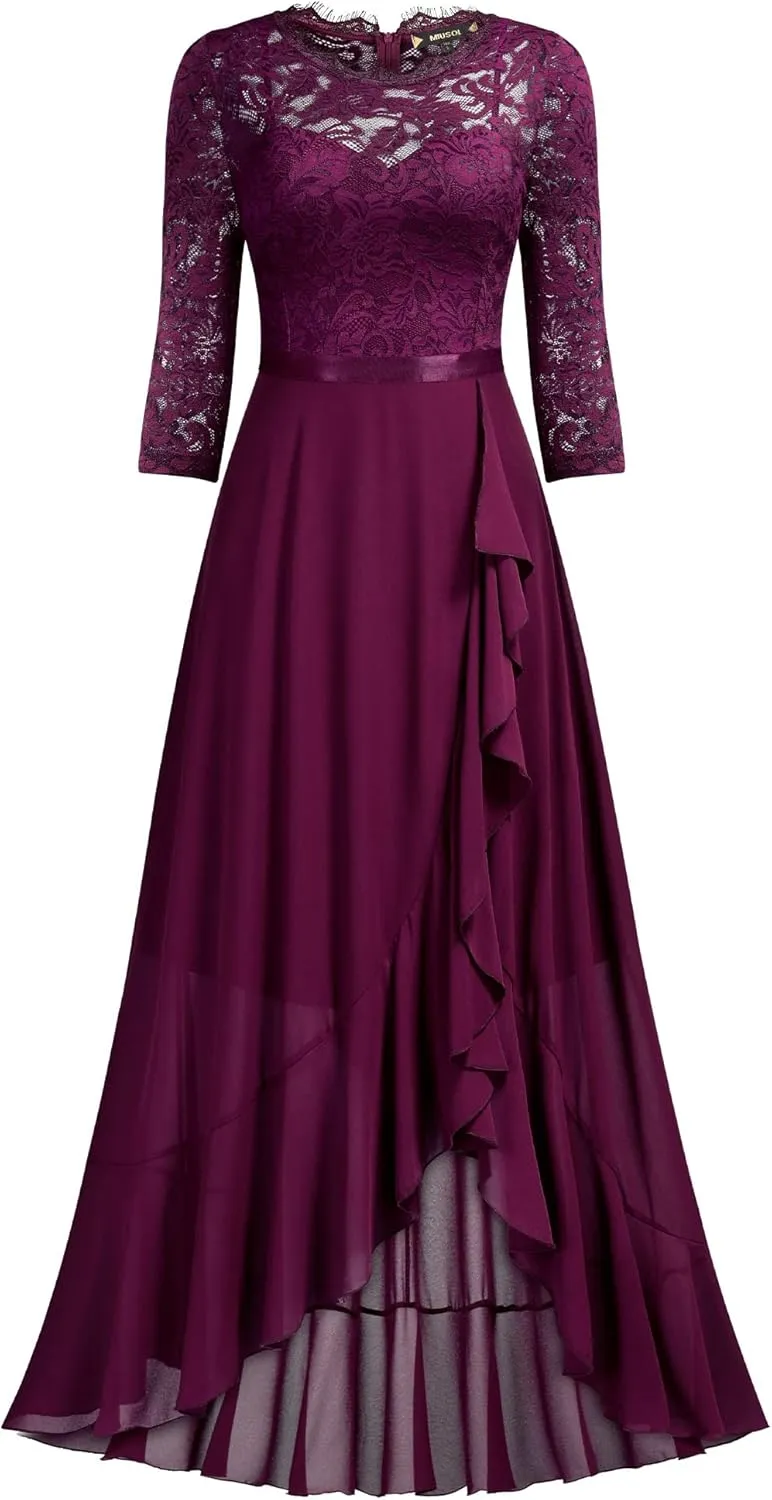 Miusol Women's Elegant Floral Lace Ruffle Bridesmaid Maxi Dress