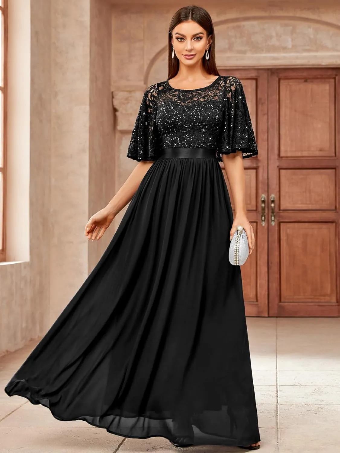 Miusol Women's Elegant Sequin Lace Butterfly Sleeve Formal Evening Maxi Dress