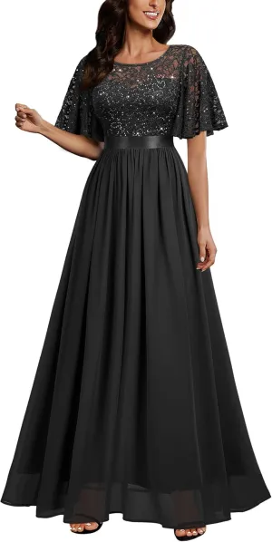 Miusol Women's Elegant Sequin Lace Butterfly Sleeve Formal Evening Maxi Dress