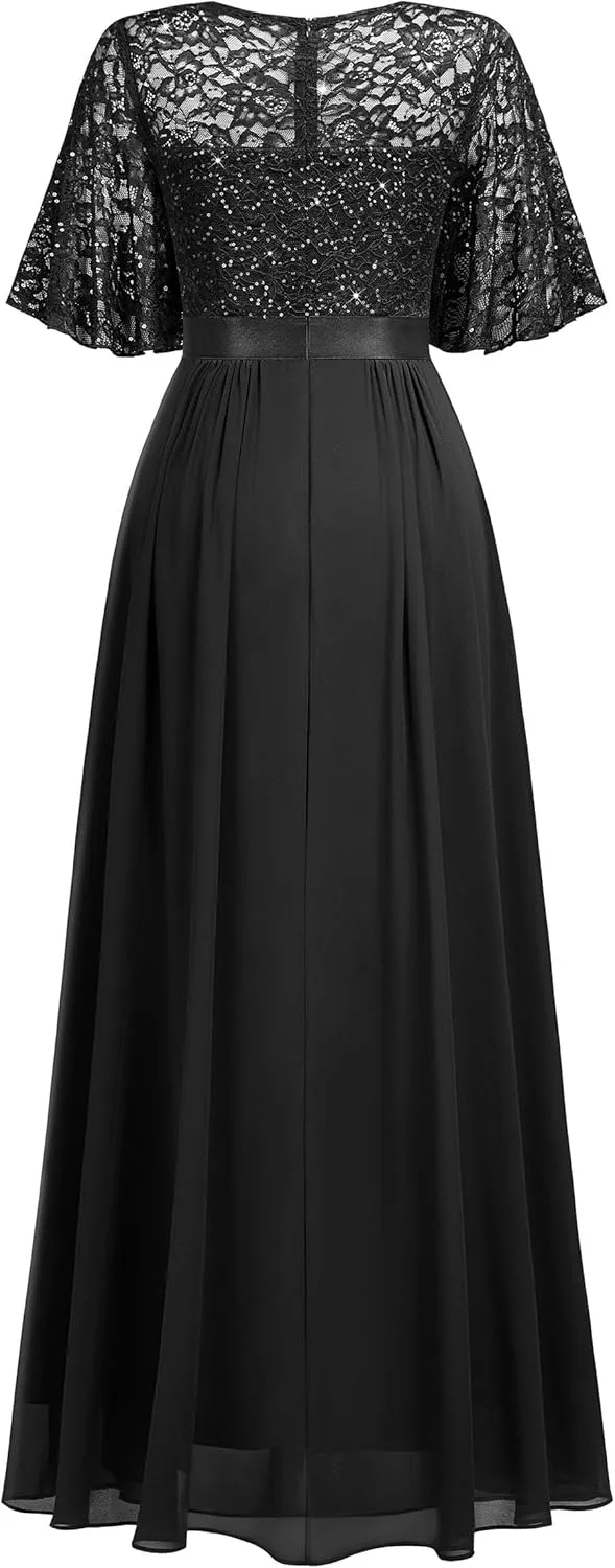 Miusol Women's Elegant Sequin Lace Butterfly Sleeve Formal Evening Maxi Dress