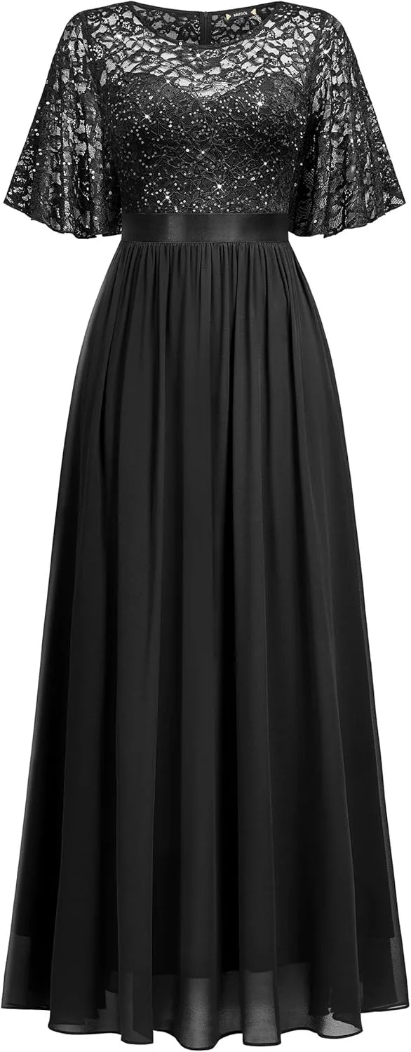 Miusol Women's Elegant Sequin Lace Butterfly Sleeve Formal Evening Maxi Dress