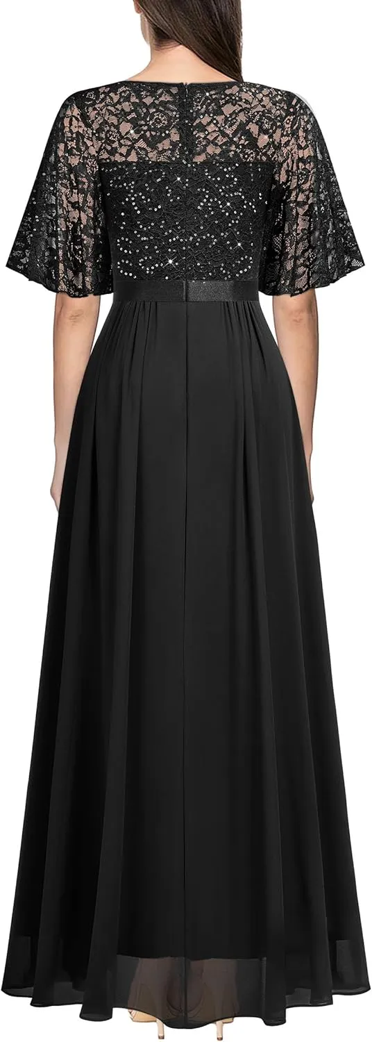 Miusol Women's Elegant Sequin Lace Butterfly Sleeve Formal Evening Maxi Dress