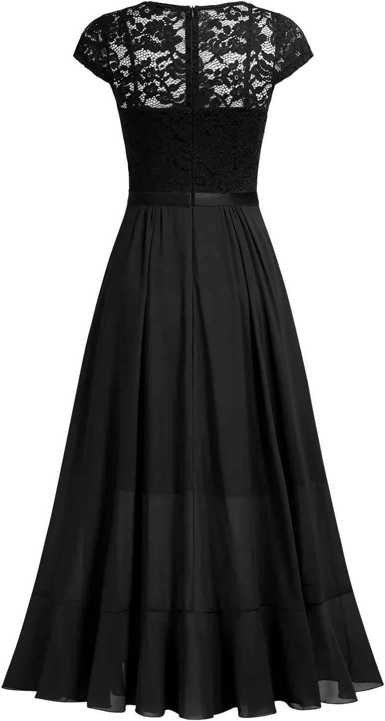 Miusol Women's V Neck Elegant Lace Ruffle Bridesmaid Maxi Dress