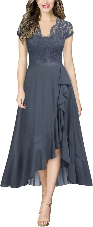 Miusol Women's V Neck Elegant Lace Ruffle Bridesmaid Maxi Dress