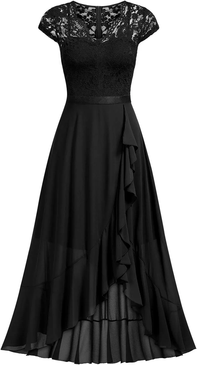 Miusol Women's V Neck Elegant Lace Ruffle Bridesmaid Maxi Dress