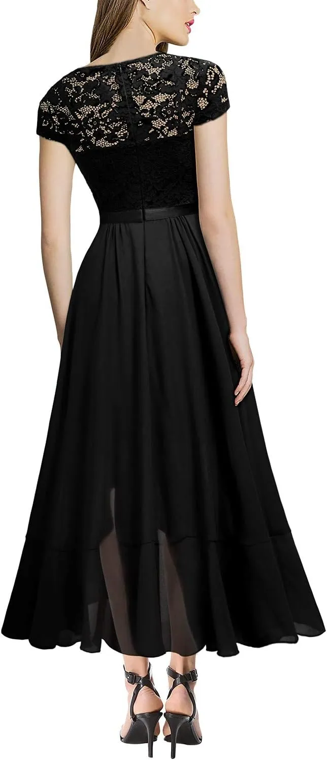 Miusol Women's V Neck Elegant Lace Ruffle Bridesmaid Maxi Dress