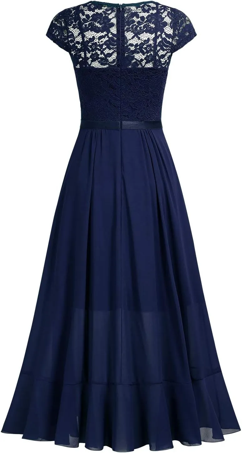 Miusol Women's V Neck Elegant Lace Ruffle Bridesmaid Maxi Dress