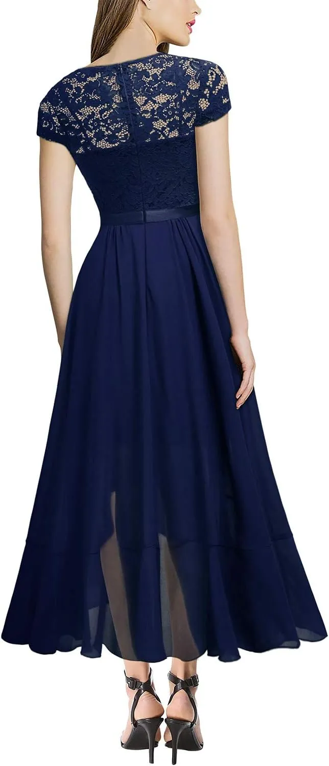 Miusol Women's V Neck Elegant Lace Ruffle Bridesmaid Maxi Dress
