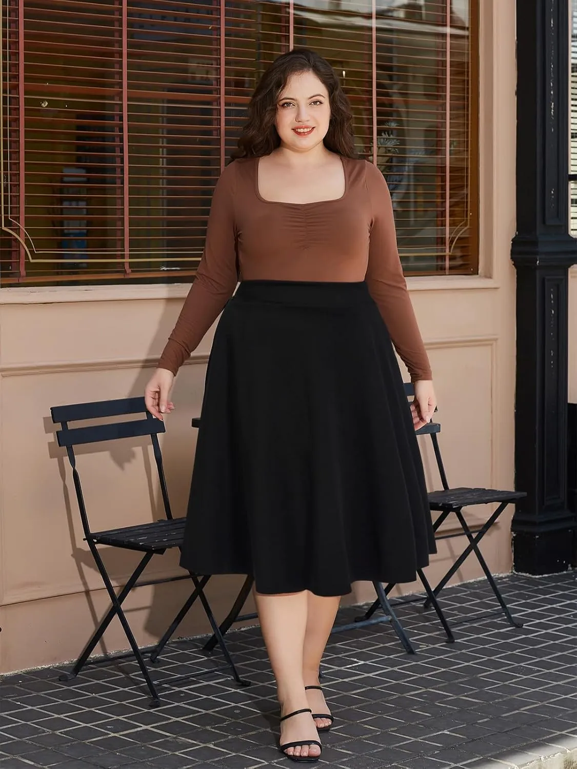 Moon Wood Women's Plus Size Midi Skirt High Elastic Waist A-Line Flared Skater Skirts with Pockets
