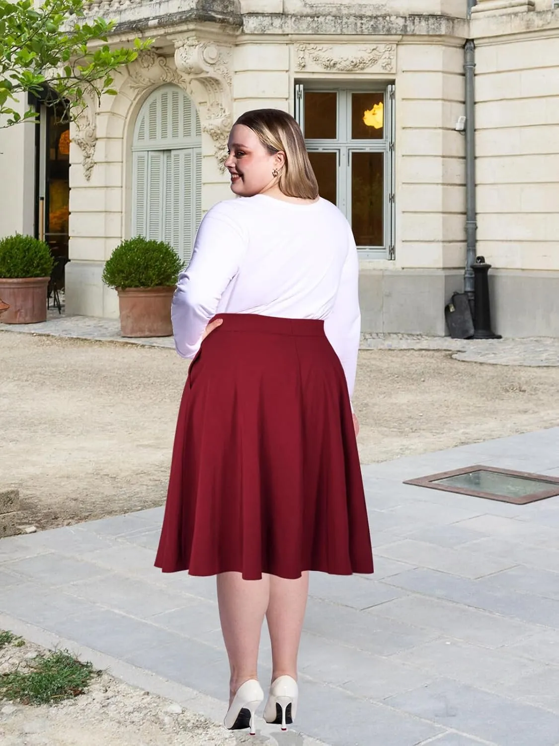 Moon Wood Women's Plus Size Midi Skirt-High Waist A-Line Pockets Flared Skater Skirts