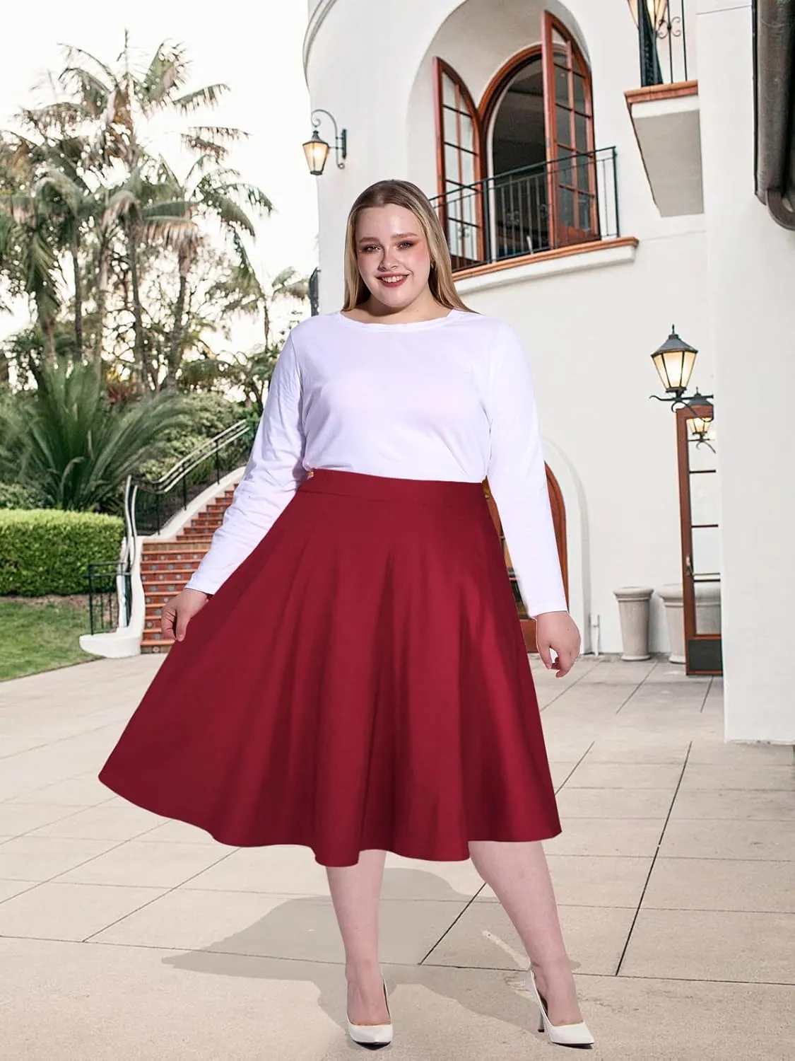 Moon Wood Women's Plus Size Midi Skirt-High Waist A-Line Pockets Flared Skater Skirts
