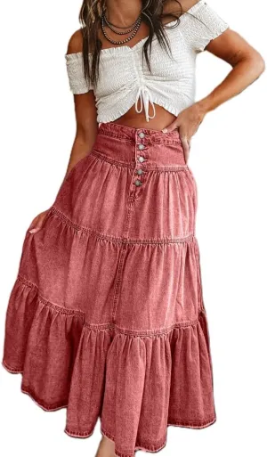 Mxiqqpltky Long Denim Skirts for Women High Waist Button-Fly Pleated Ruffle Maxi Jean Skirt Summer Flowy A-Line Tiered Skirts