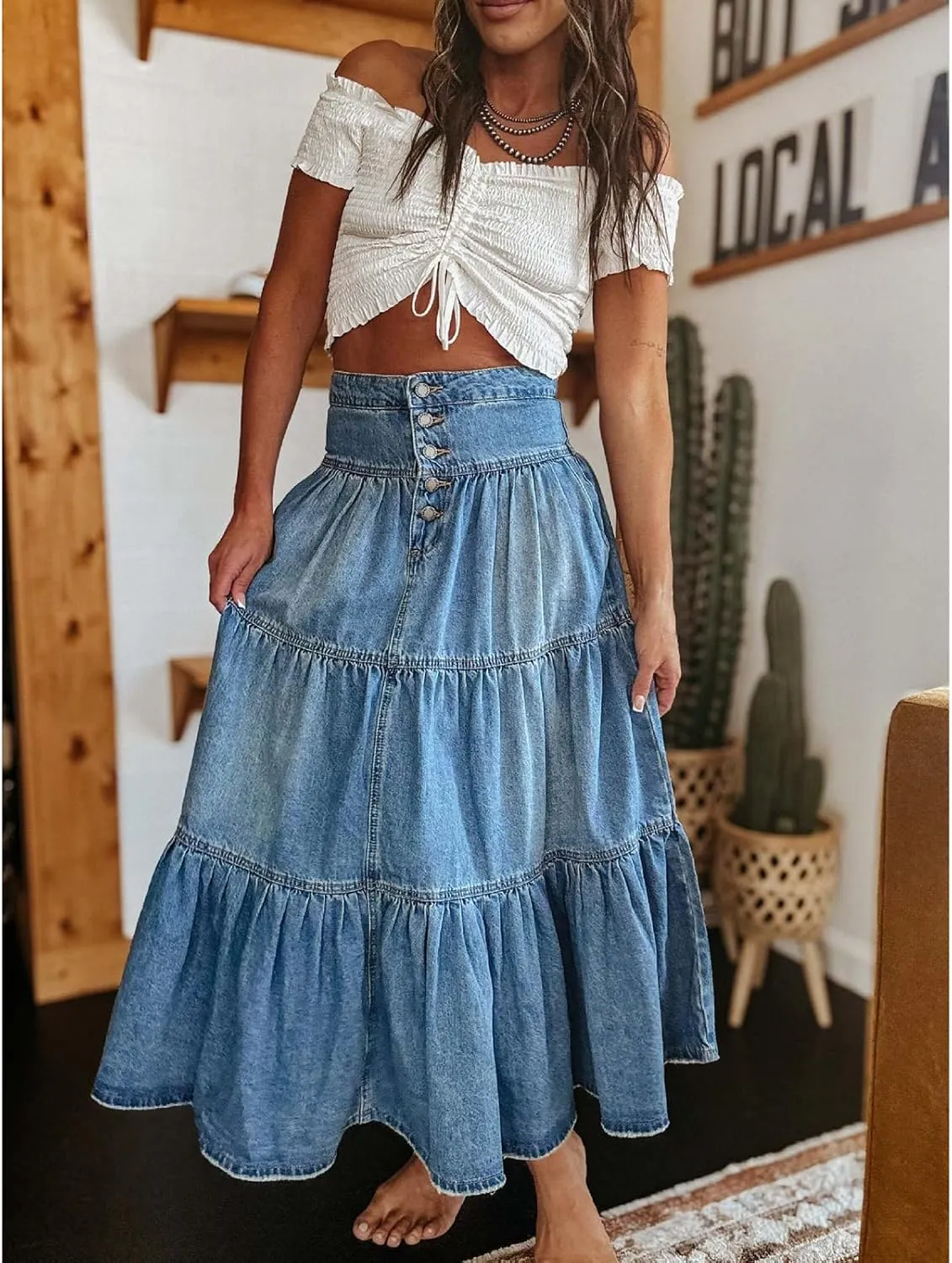 Mxiqqpltky Long Denim Skirts for Women High Waist Button-Fly Pleated Ruffle Maxi Jean Skirt Summer Flowy A-Line Tiered Skirts