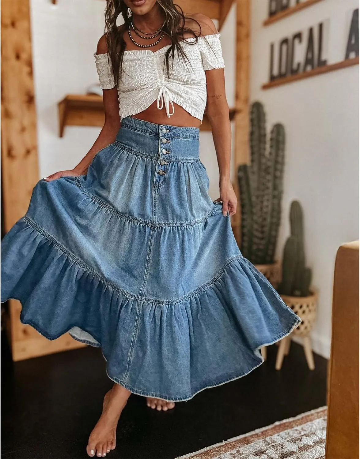 Mxiqqpltky Long Denim Skirts for Women High Waist Button-Fly Pleated Ruffle Maxi Jean Skirt Summer Flowy A-Line Tiered Skirts