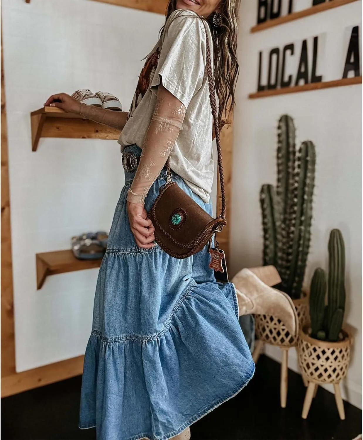 Mxiqqpltky Long Denim Skirts for Women High Waist Button-Fly Pleated Ruffle Maxi Jean Skirt Summer Flowy A-Line Tiered Skirts